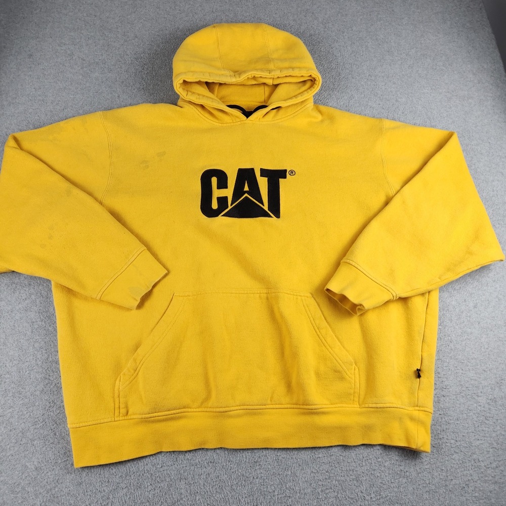 Caterpillar Hoodie Mens 3XL Yellow Fleece Lined Comfy Relaxed Fit Logo Pullover